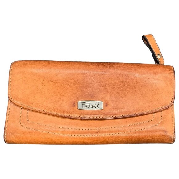 Fossil Flap Front Checkbook Wallet Tan Brown Leather 7 x 4 Back Zip Pocket - Picture 1 of 14